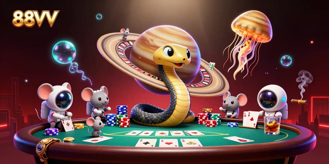 Place bets on 88VV's 3D cosmic roulette in a vibrant casino illustration.