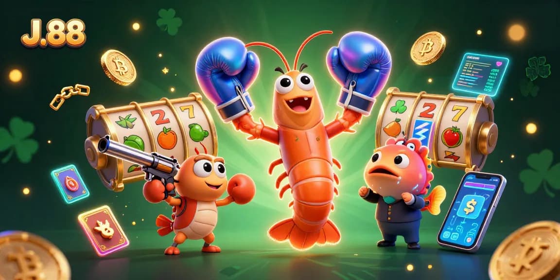 Experience the thrill of gaming at J.88 with vibrant visuals of slot machines and glowing cryptocurrency elements