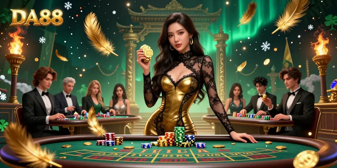 Experience DA88's exclusive high-stakes baccarat atmosphere with glamorous players at the table amid golden casino chips.
