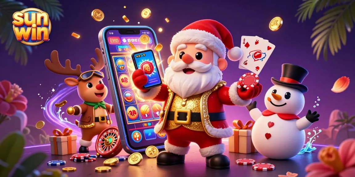 Experience jackpot thrills at sun win with Santa and friends in a vibrant casino illustration.