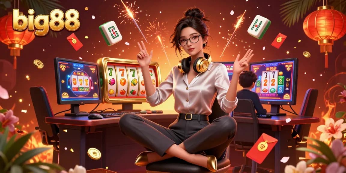 Experience the big88 gaming excitement with a professional woman immersed in dynamic casino visuals and vibrant game elements.