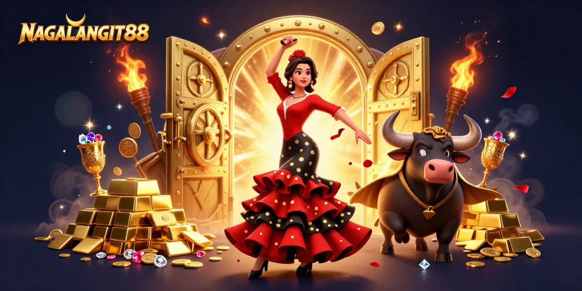 NAGALANGIT88 offers a vibrant casino experience with a dancing woman and a golden bull surrounded by treasures.