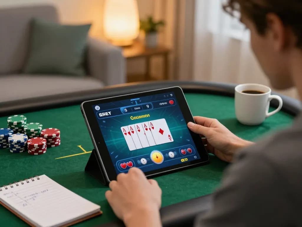Engaging player immerses in online casino gaming while đăng ký 79king on tablet, reflecting strategic focus.