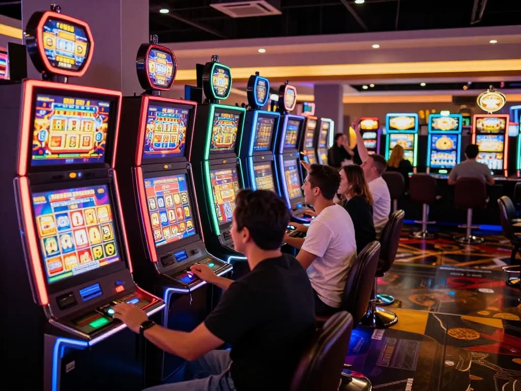 Players enjoying vibrant slot pulsa machines in an exciting casino atmosphere