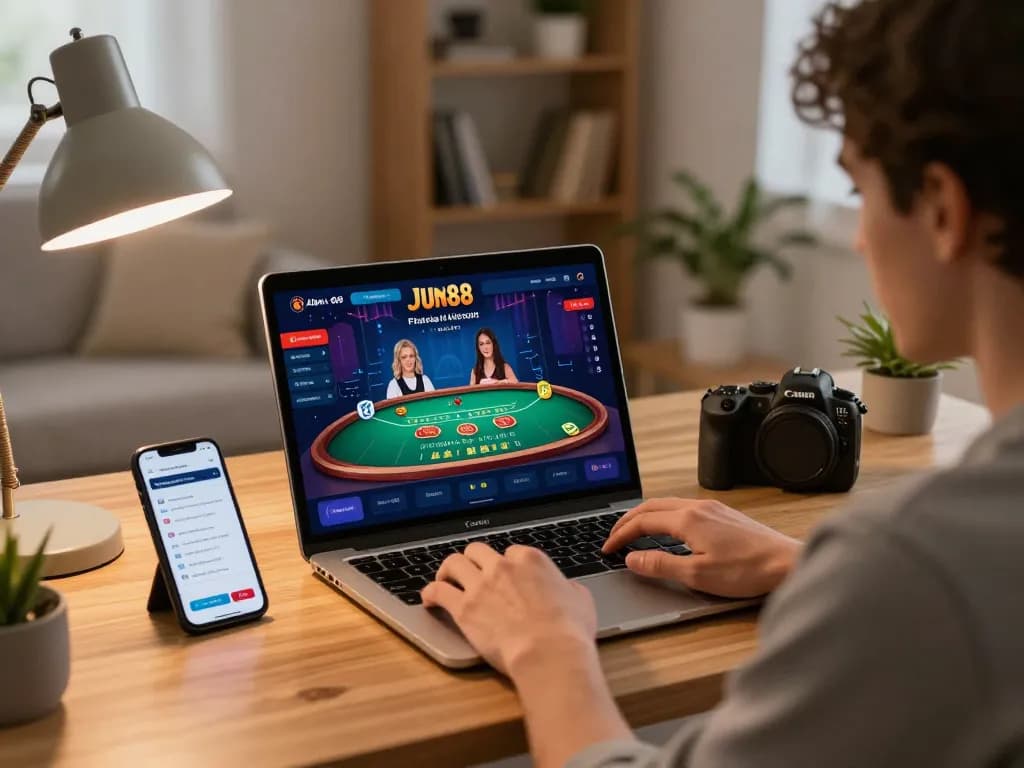 Engaging in a live dealer blackjack game on Jun88 Official's platform in a cozy home setting.