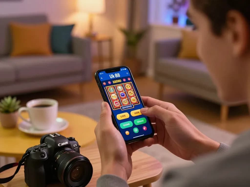 Engaging gameplay on the Uk 88 app, featuring vibrant slot game interface and cozy home atmosphere