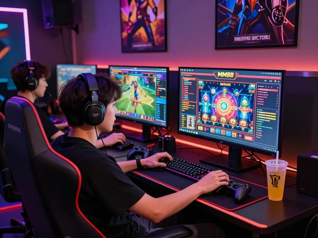 Engaged player enjoying MM88 online casino games in a vibrant gaming setup.