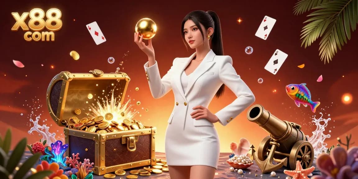Engage with the vibrant casino scene at x88 com featuring a stunning Asian woman with a golden roulette ball, surrounded by rich gaming elements.