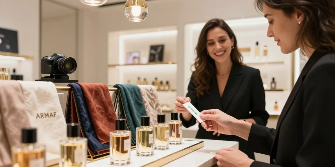 Armaf parfum flessen in luxe winkelomgeving met klant die geur uitprobeert.