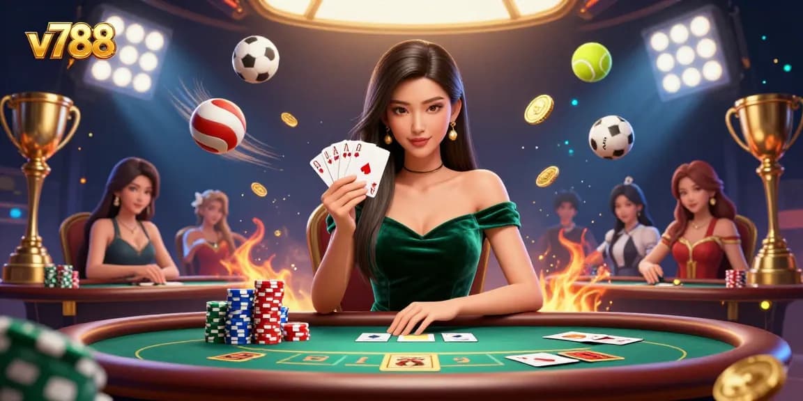 v788 showcases a skilled Asian woman expertly managing her poker cards amidst vibrant casino elements.