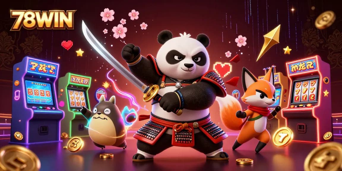 Engage in thrilling gameplay at 78WIN with the vibrant samurai panda and ninja fox in a colorful casino setting.