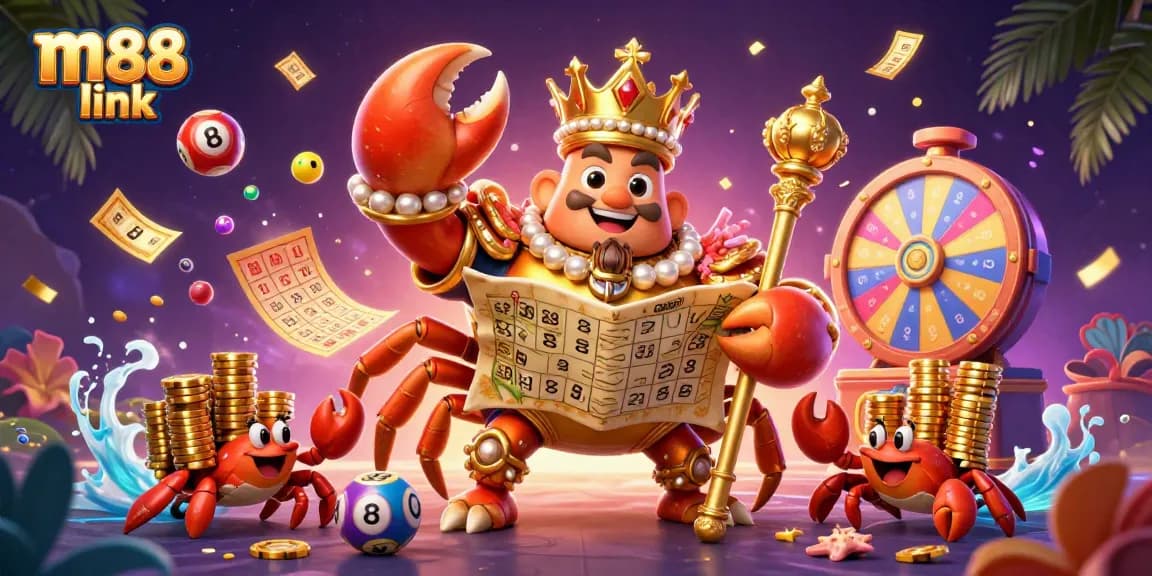 Experience the excitement of m88 link as the golden crab emperor leads a colorful journey of chance and fun.