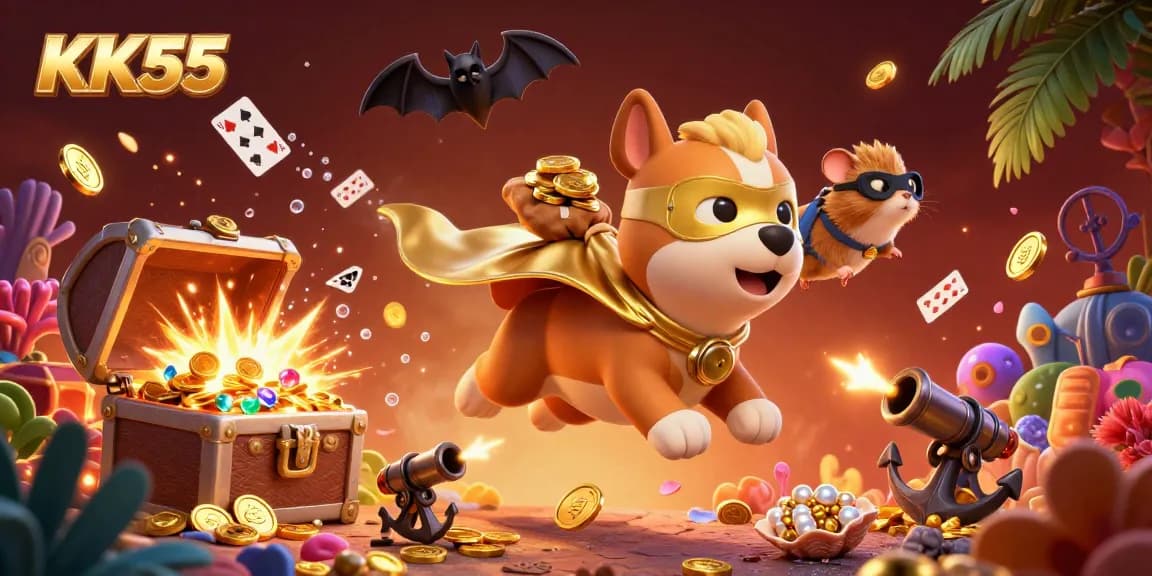 KK55 showcases a superhero dog flying with gold coins, set in a vibrant gambling-themed underwater scene.