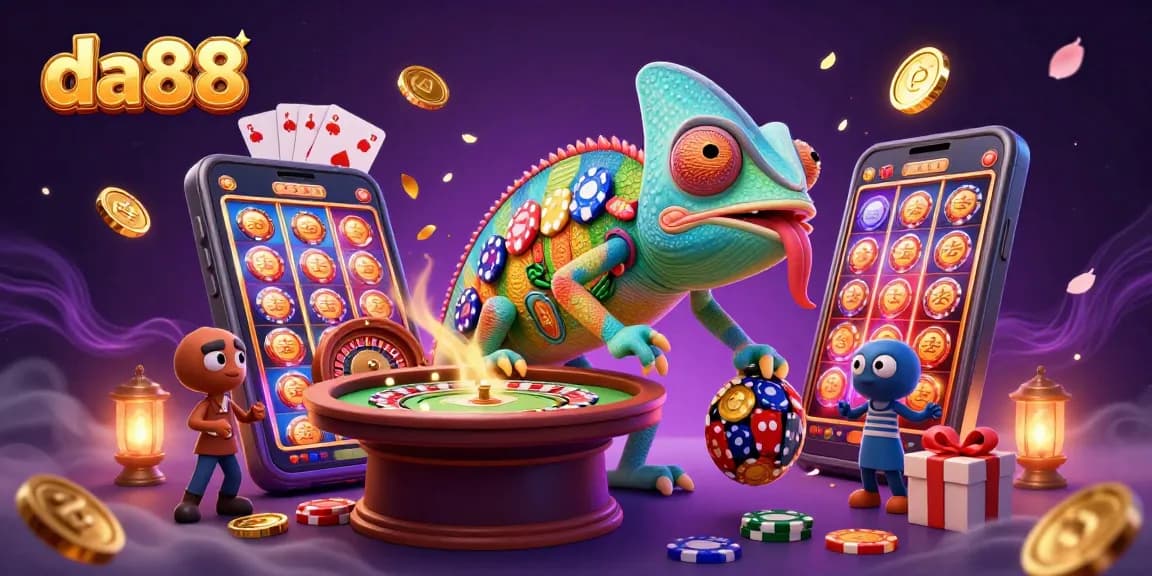 Experience the thrilling world of da88 gaming with vibrant 3D elements and a chameleon character.
