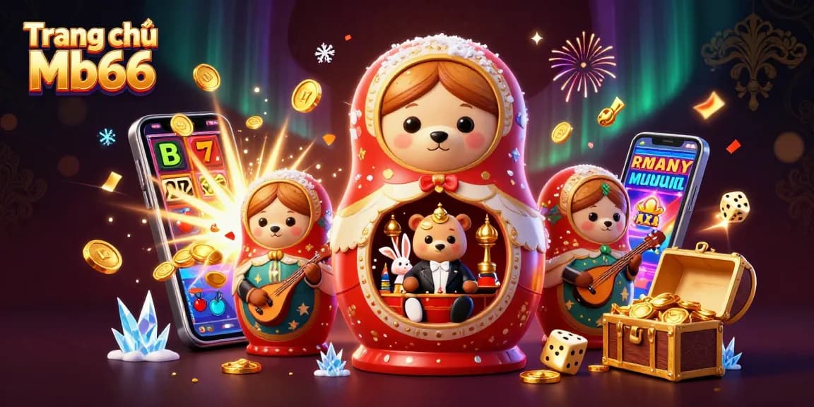 Engage with Trang chủ Mb66 featuring a 3D illustration of a Matryoshka bear surrounded by vibrant casino elements.