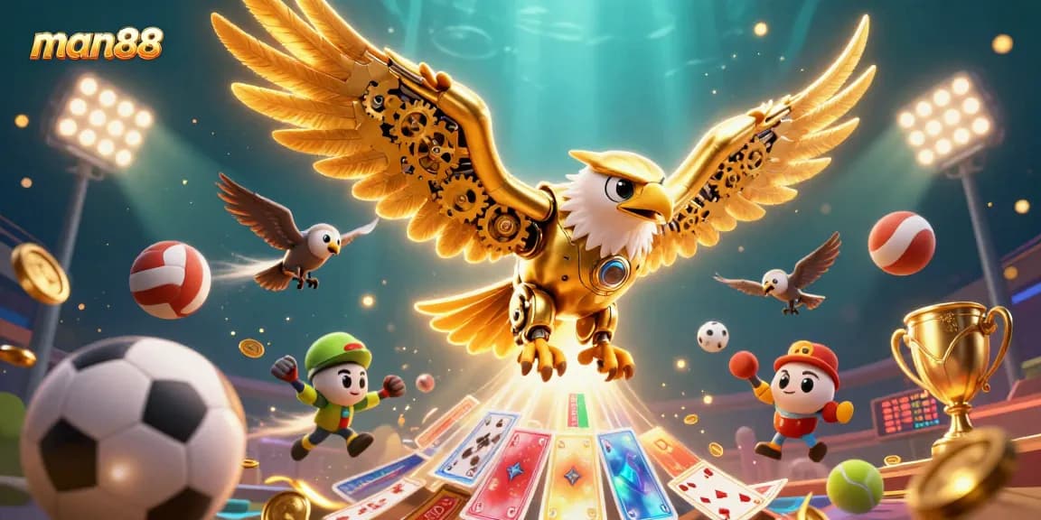 Join man88 in thrilling sports betting action with this vibrant 3D illustration showcasing a golden eagle.