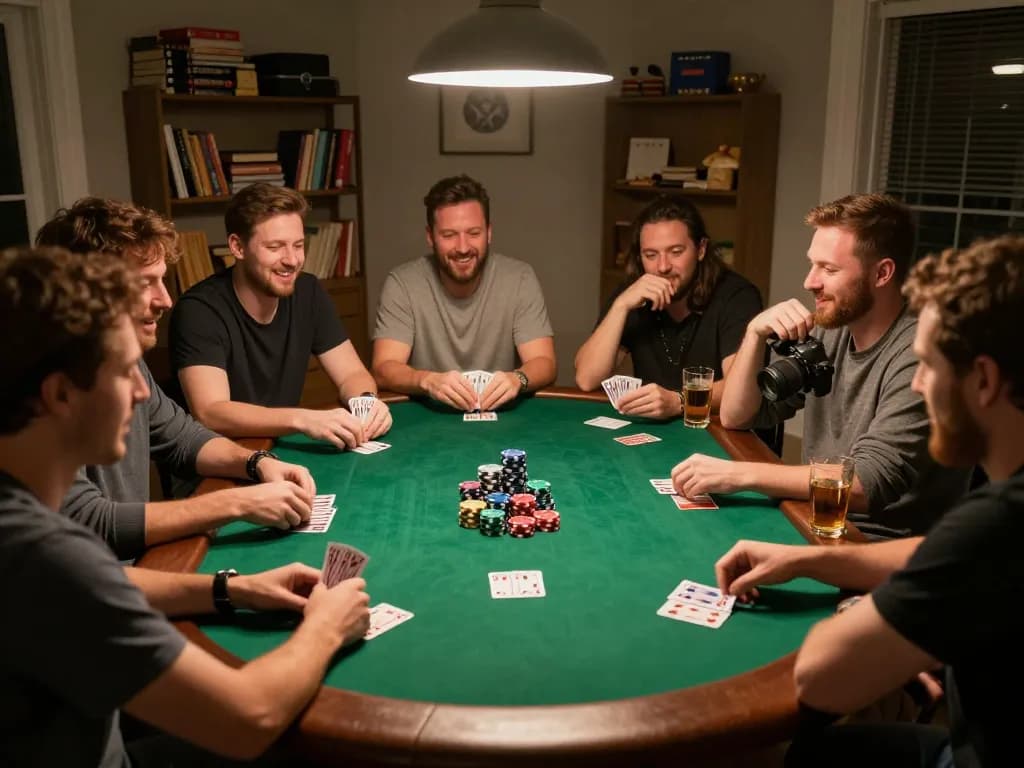 Say88 players strategizing during an exciting home poker night, showcasing lively engagement and competitive spirit