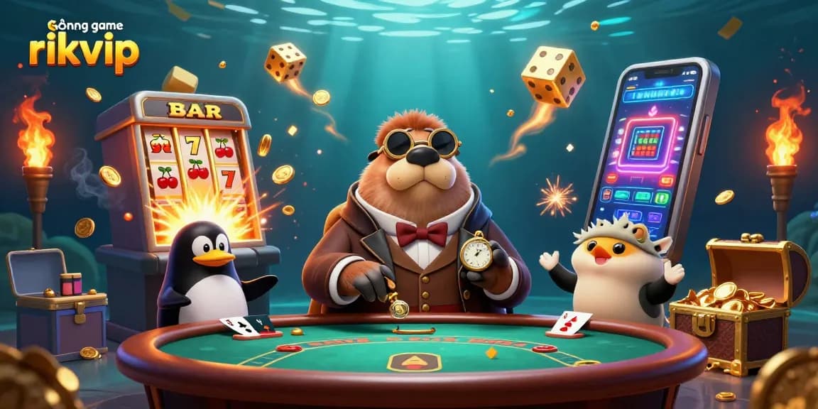 Engage with cổng game rikvip at an underwater poker scene filled with vibrant casino elements.