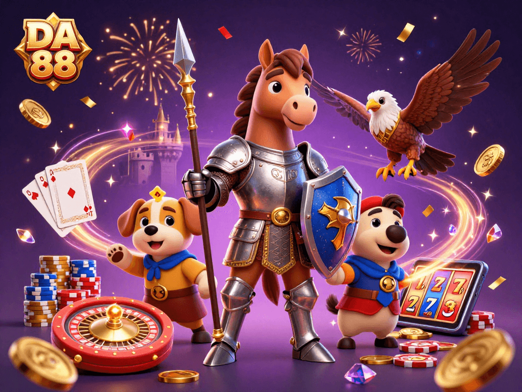 DA 88 showcases a vibrant scene of a knight, puppy, and falcon amidst casino excitement.