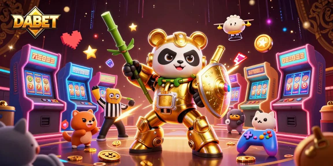 DABET players engage in thrilling casino games surrounded by vibrant arcade elements.