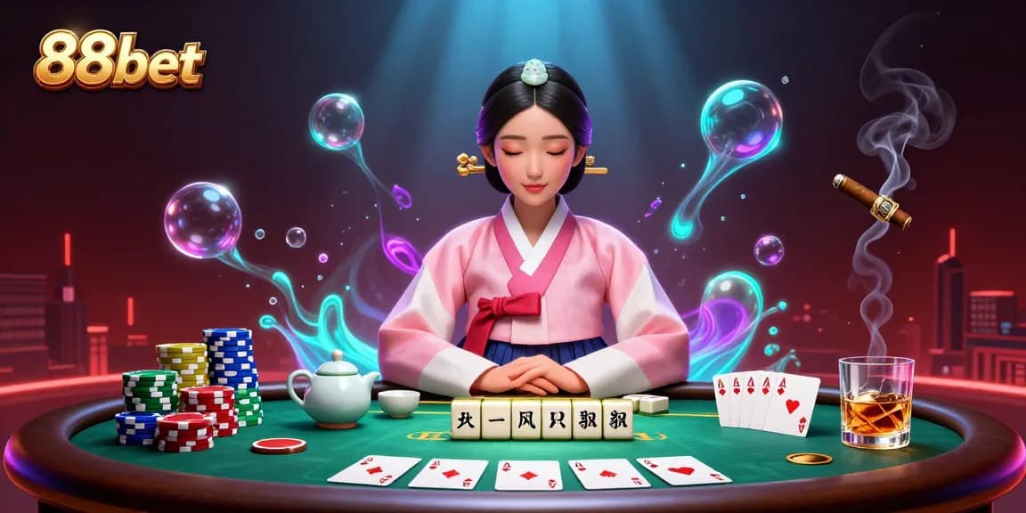Experience the excitement of 88bet with a serene Asian woman at a vibrant poker table and golden mahjong tiles.