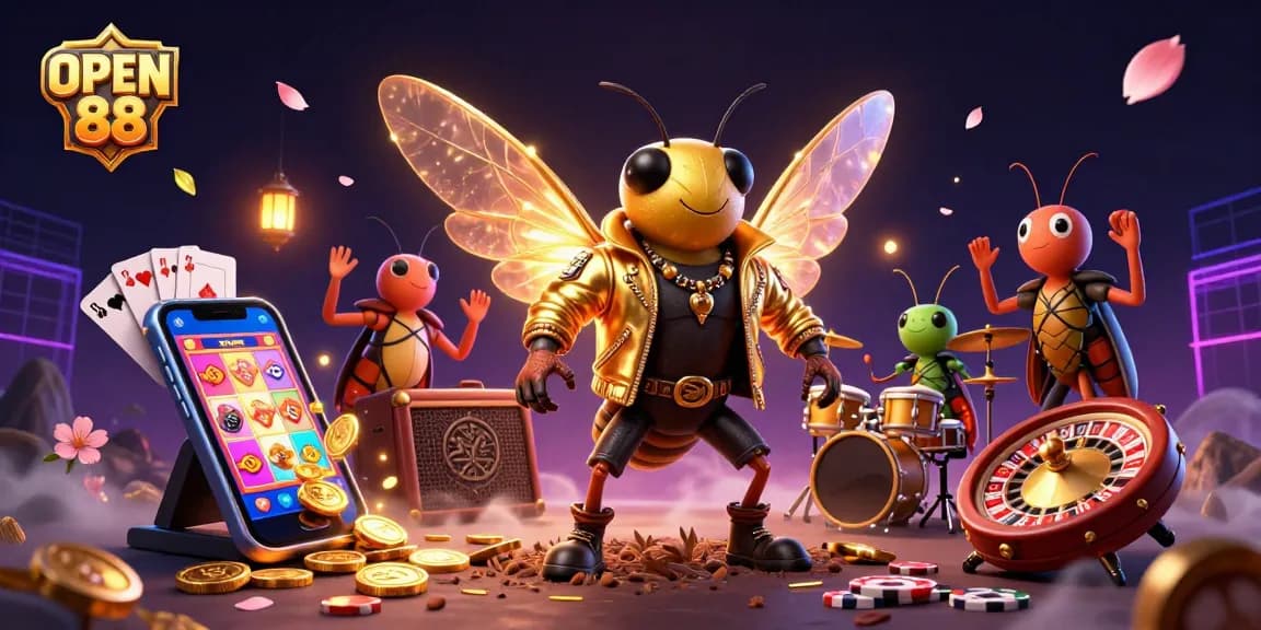 Experience the excitement at OPEN 88 as a rock star cicada leads a lively online casino scene with vibrant game elements.