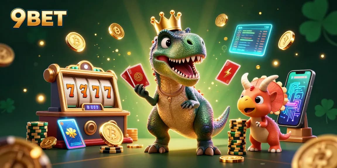 Engage with 9BET's dynamic online casino experience featuring cartoon characters and gambling elements.