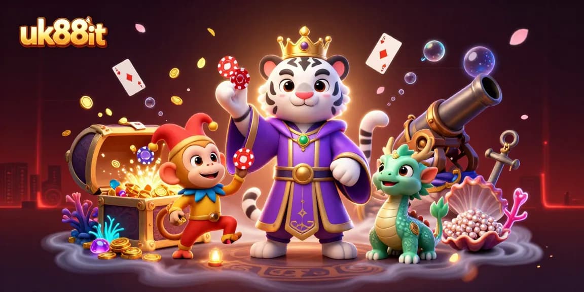 Experience thrill and excitement at uk88it with a vibrant 3D casino scene featuring a tiger and monkeys.