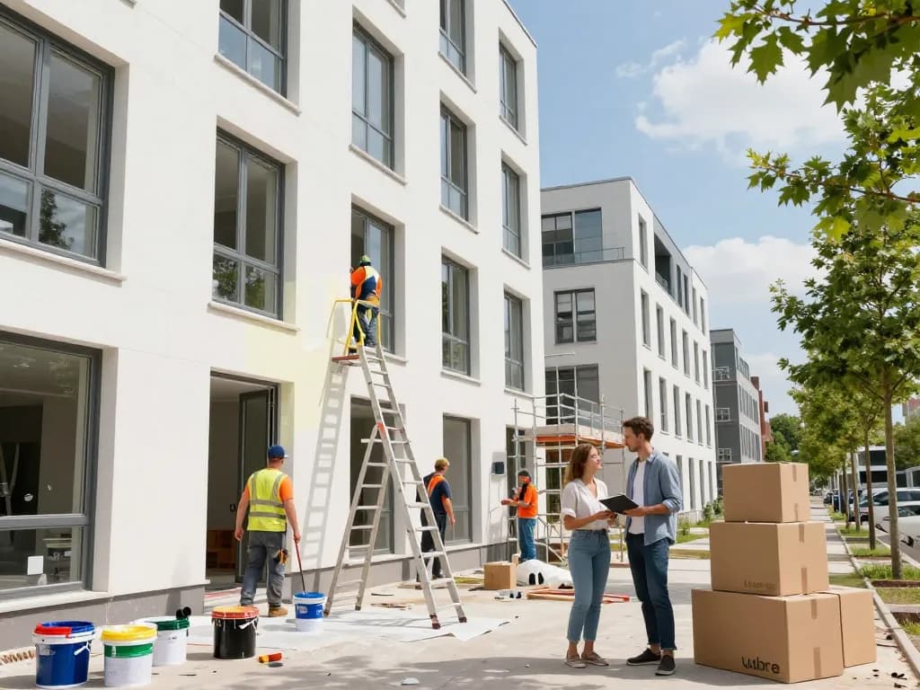 Indrukwekkend uitzicht op een renovatieproject in Utrecht, met een focus op verbouwing en verhuizing Utrecht, waar werknemers raamkozijnen schilderen te midden van inpakdozen, wat stedelijke vernieuwi