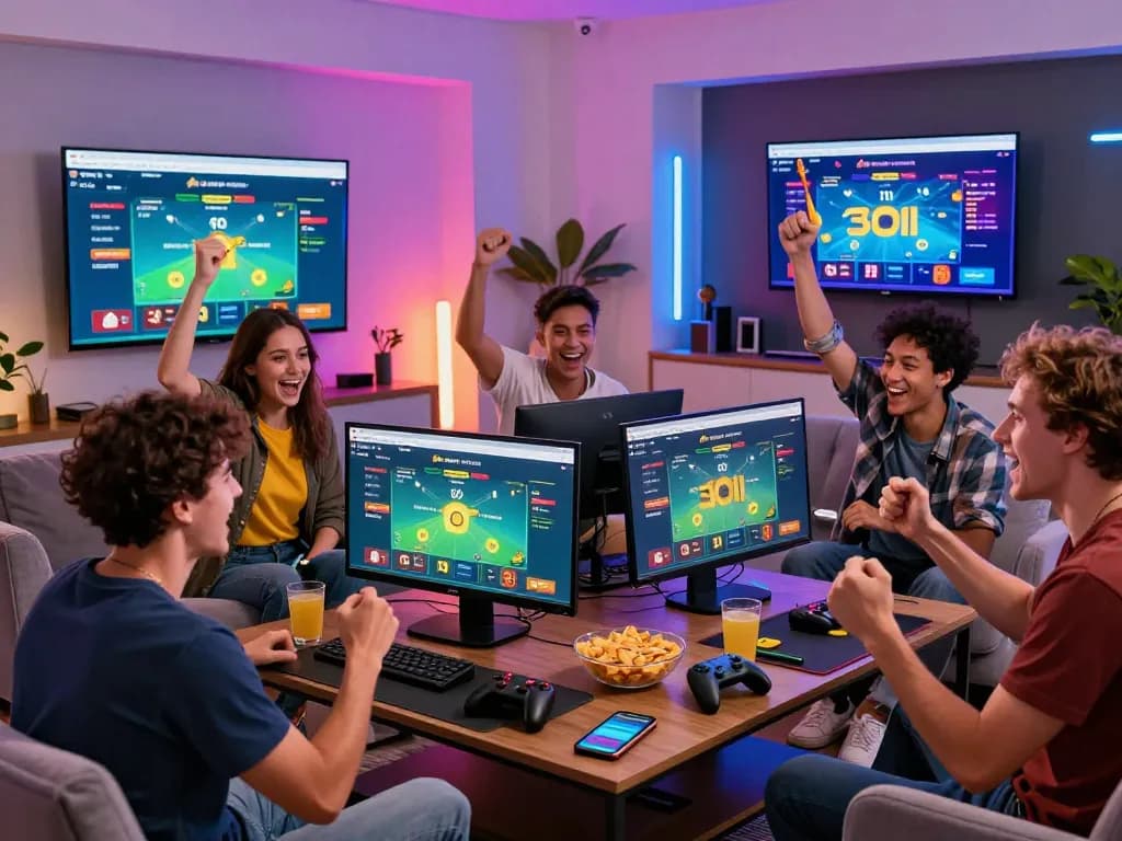 Friends enjoying an exciting online betting experience with Nhà cái Topbet on multiple screens.