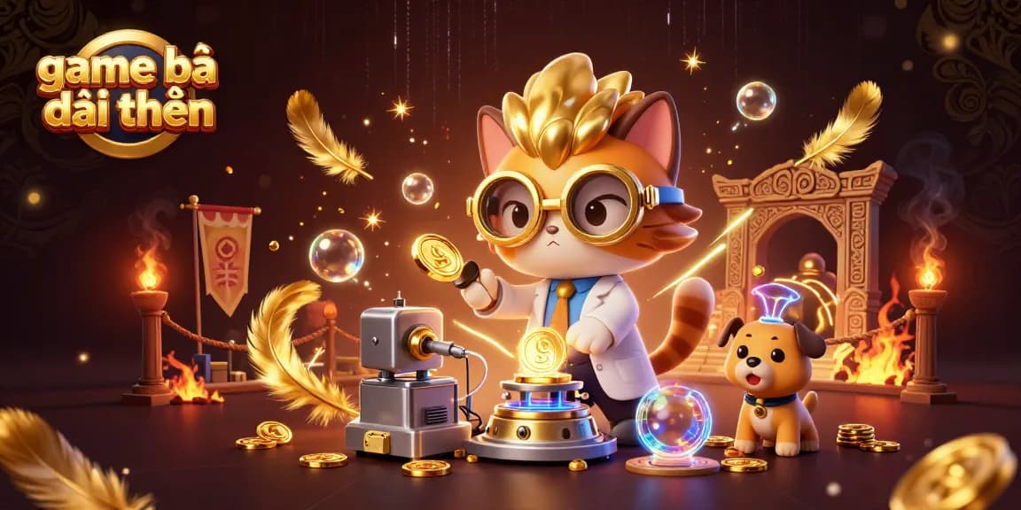 Exciting game bài đổi thưởng scene with a mad scientist cat and assistant dog surrounded by dynamic gaming elements and gold coins.