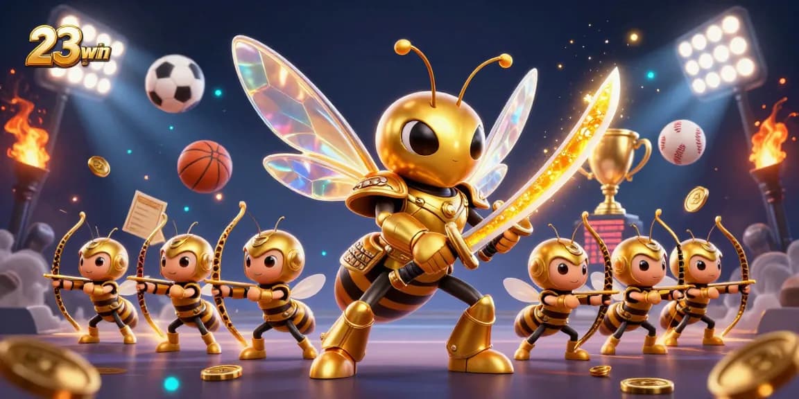 Experience winning strategies with 23win's vibrant 3D casino-themed illustration, filled with dynamic sports betting elements.