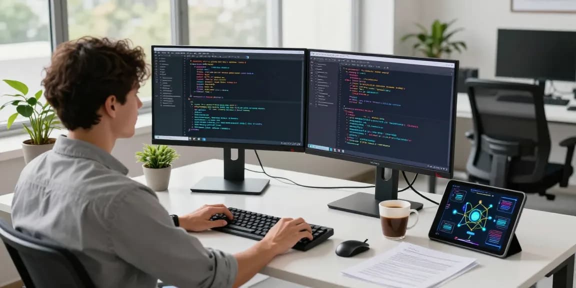 快连 software developer coding at a modern workspace with dual monitors and vibrant office environment.