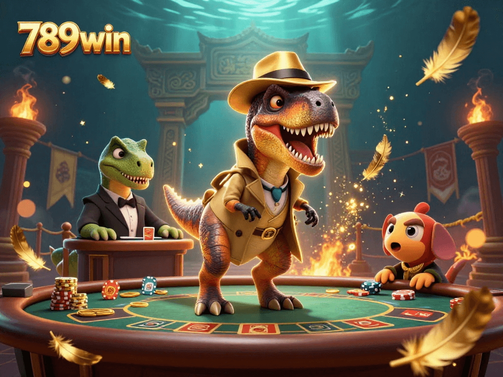 A 3D velociraptor card counter at a blackjack table showcases 789win's gaming ambiance.