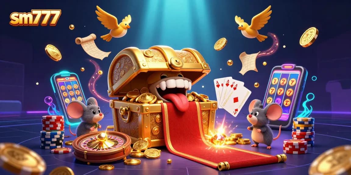 Spin to win with SM777: Vibrant casino scene filled with treasures and gaming delights.
