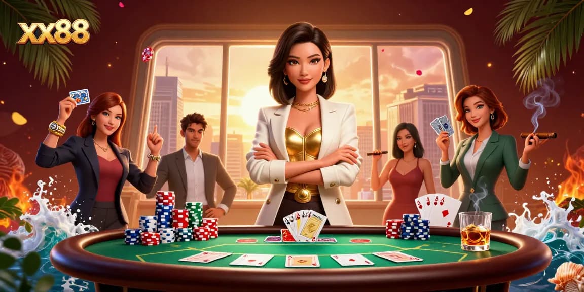 Experience thrilling gameplay at xx88 with a glamorous Asian dealer presenting cards and chips