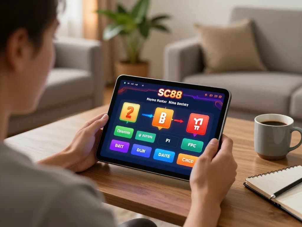 Engaging user interacting with SC88 online casino app in cozy home setting, showcasing responsible gaming.