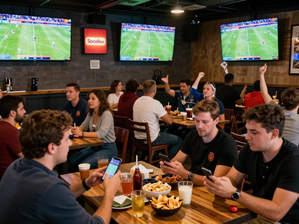 xem bóng đá Socolive with fans enjoying a live sports match at a lively bar setting