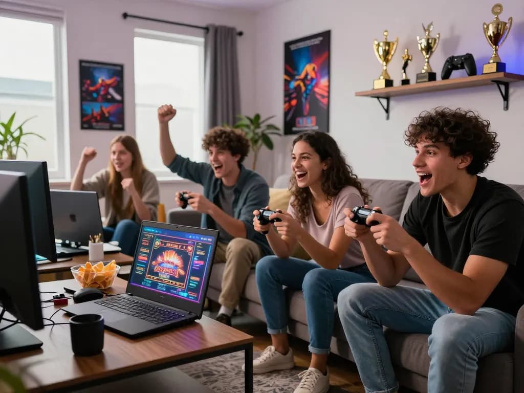 Five88 uy tín gaming friends enjoying an exciting online casino session in a cozy living room.