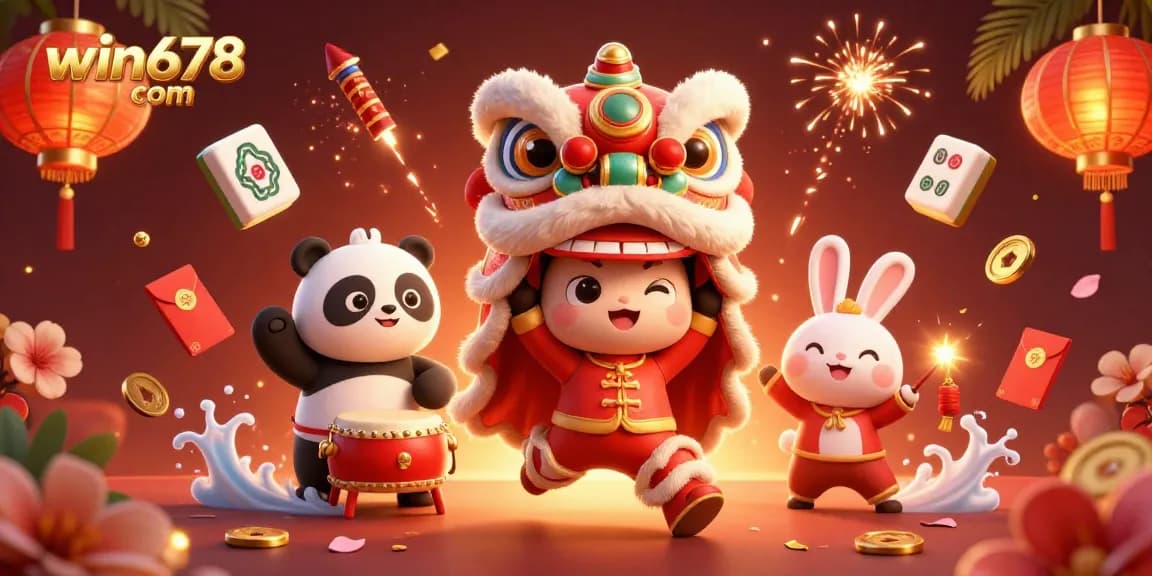 Engage in vibrant celebrations with win678 com, featuring dynamic dragon dancers amidst winning symbols.