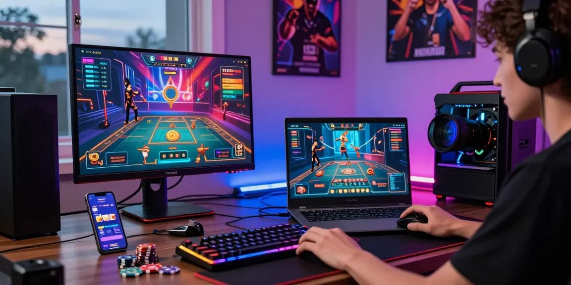 Engaged gamer exploring XX88 online gaming platform on a sleek laptop surrounded by vibrant gaming gear and digital tokens.