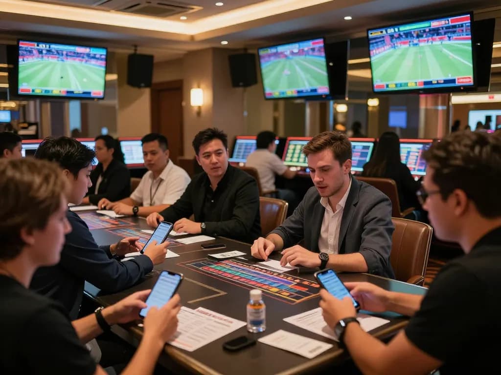 Engaged bettors analyzing odds for kèo nhà cái in a modern sports betting lounge, vibrant atmosphere