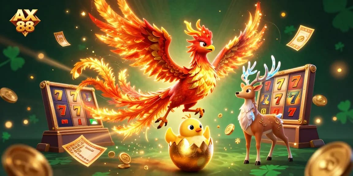 Play thrilling slot games with AX 88 featuring a vibrant phoenix scene and dynamic elements.