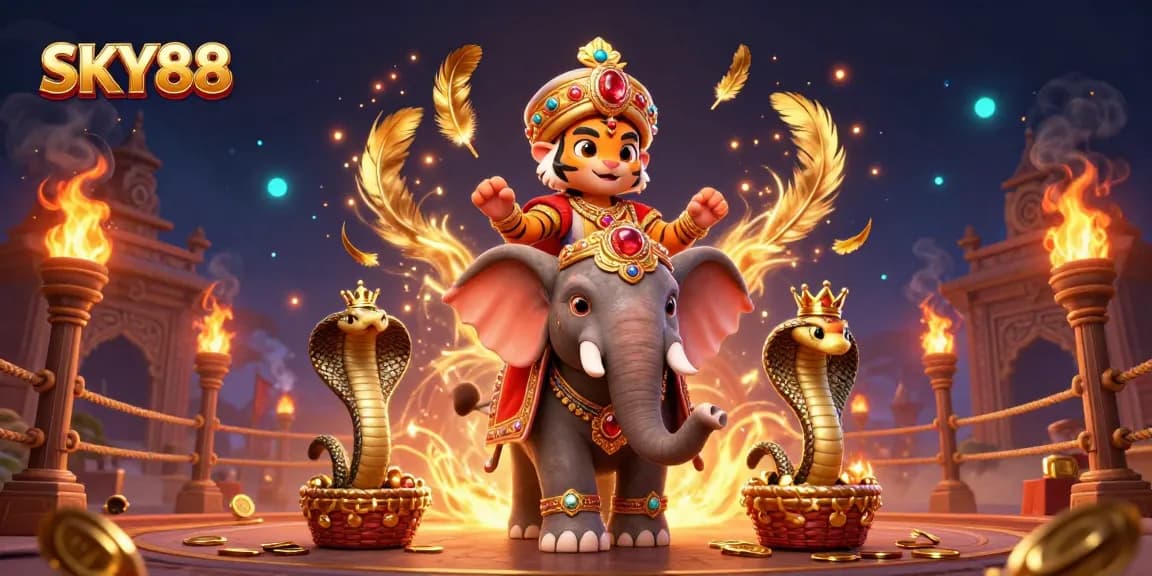 Engage in thrilling bets at SKY88, featuring an elaborate 3D casino scene with vibrant characters and rich elements.