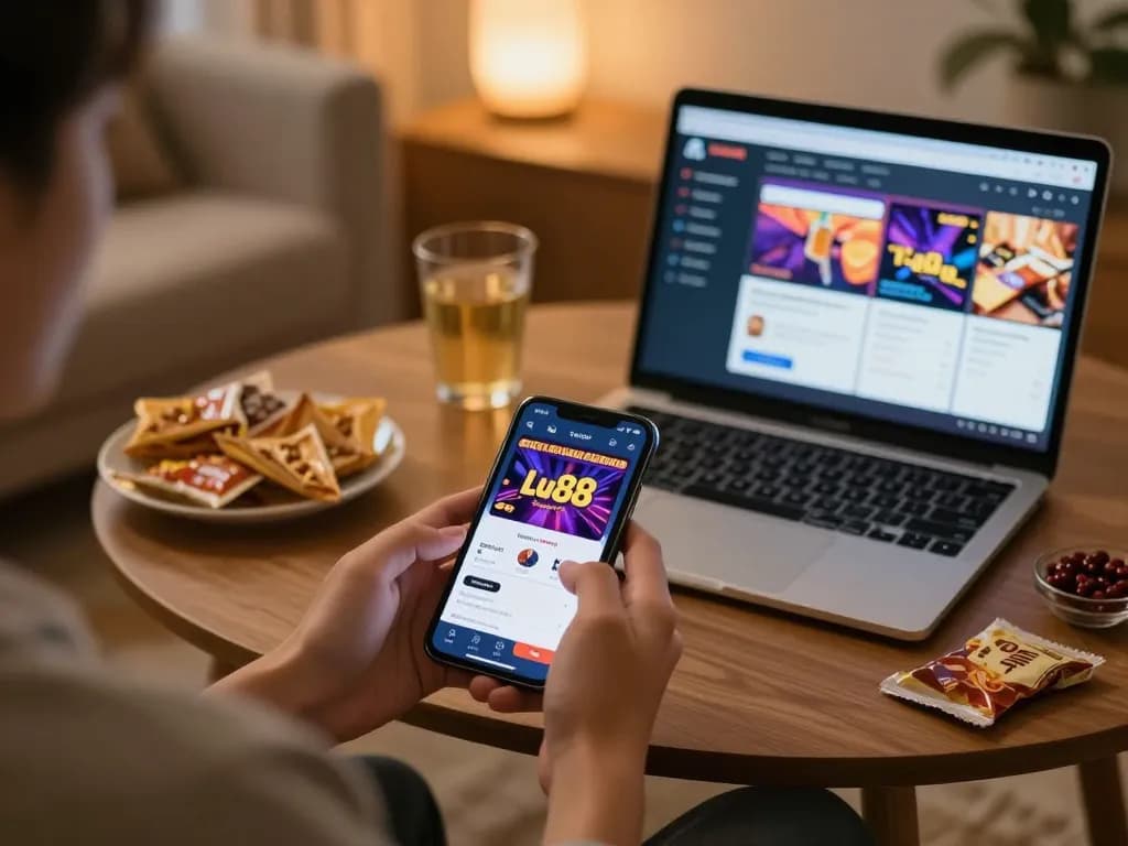 Engaged gamer using Lu88 mobile casino app on smartphone in a cozy home setting.
