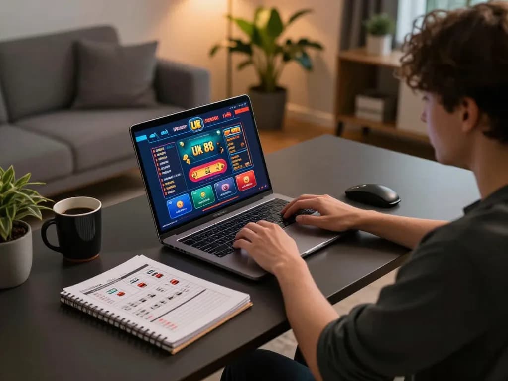 Engaging with Uk 88 online gaming interface on a stylish home setup.