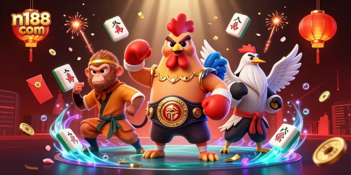 Engage with thrilling bets at n188 com, featuring Muay Thai rooster and martial artists in dynamic casino scene.