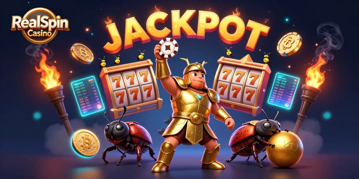 Engage with RealSpin Casino's thrilling slot games in this vibrant 3D illustration featuring animated characters and casino elements.