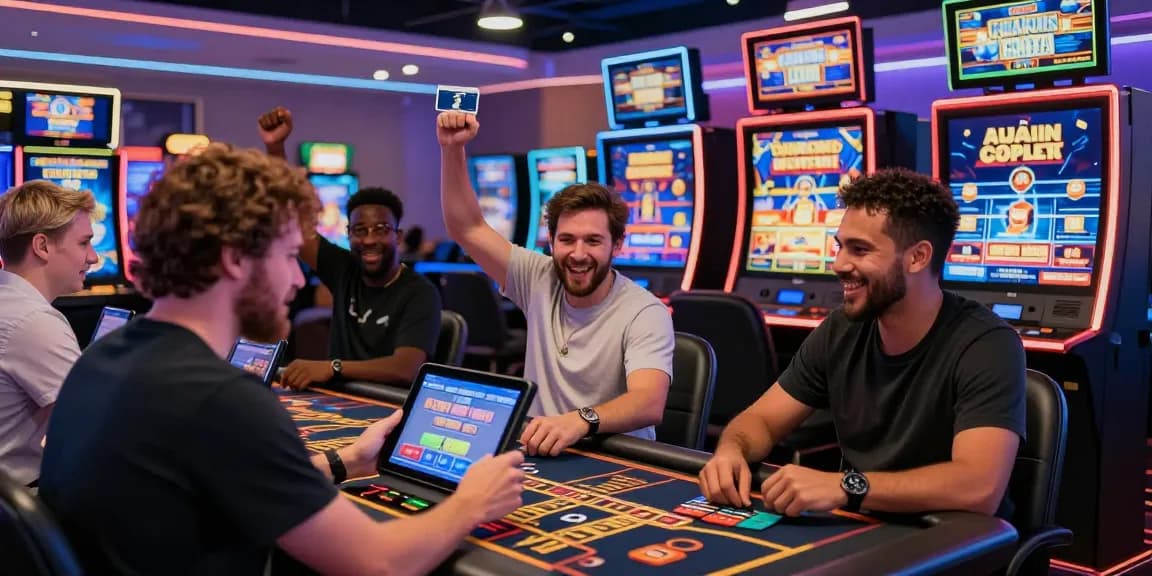 Spieler genießen ein lebhaftes Paysafe Card Casino-Erlebnis, feiern Gewinne und Einzahlungen in einer bunten Online-Glücksspielumgebung.