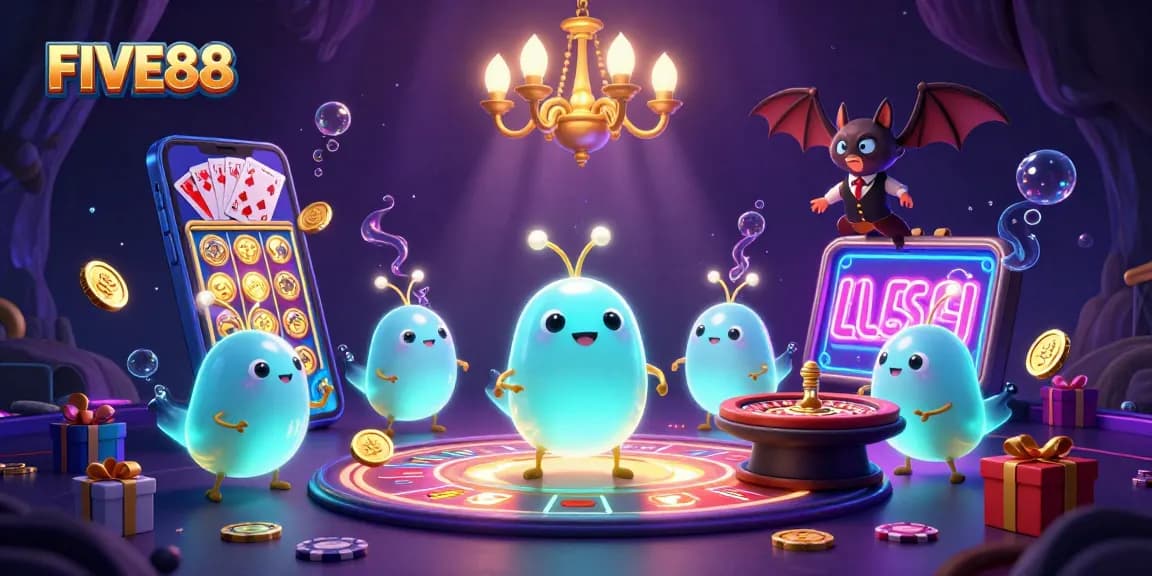 Illuminate your FIVE88 gaming experience with bioluminescent glowworms in a vibrant casino scene.